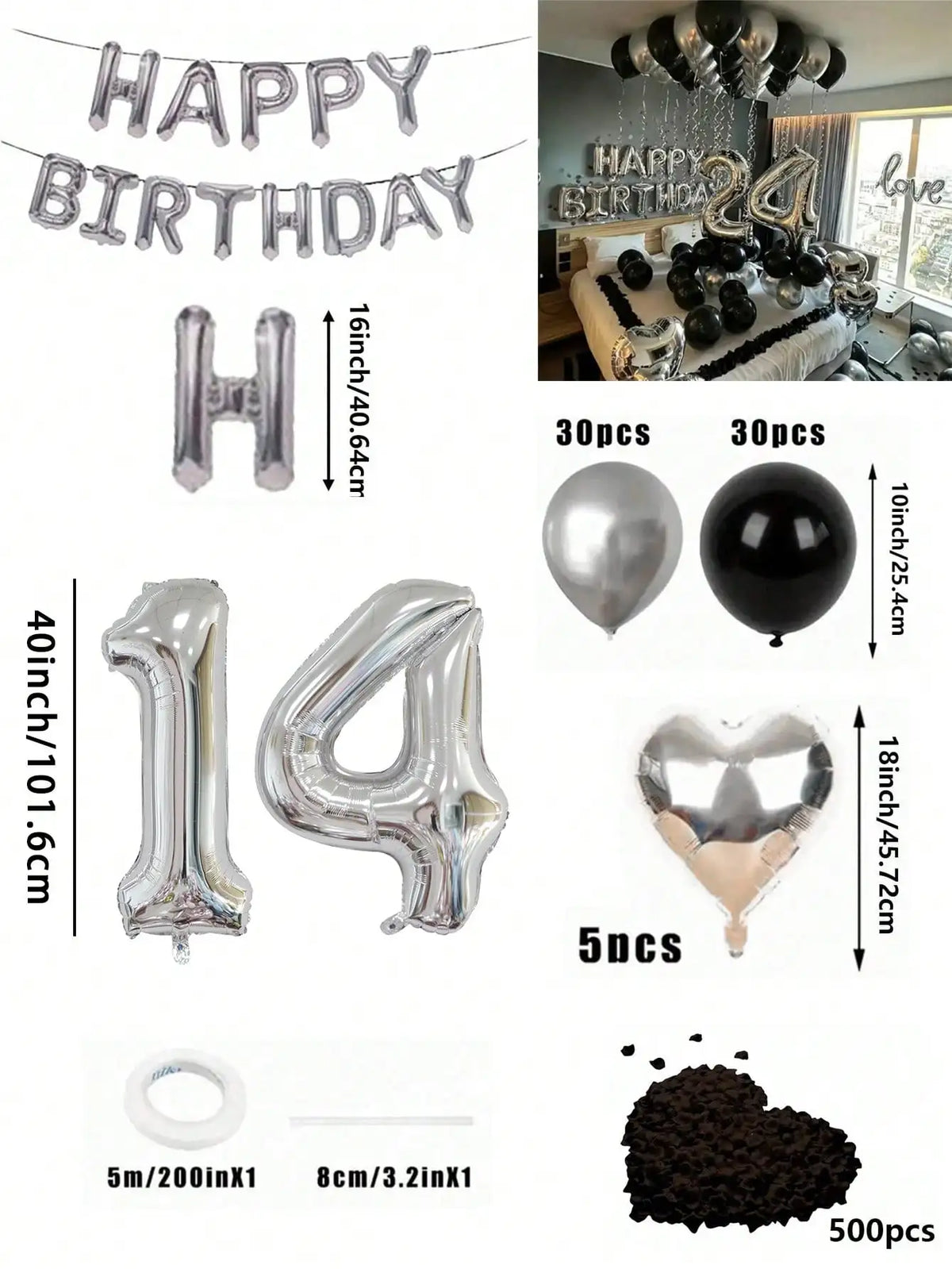 Un set de globos con números, formas de corazón y una guirnalda de papel metálico plateado y negro.