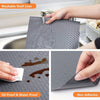 A hand is pouring water onto a gray silicone shelf liner, demonstrating its oil-proof and water-proof properties.
