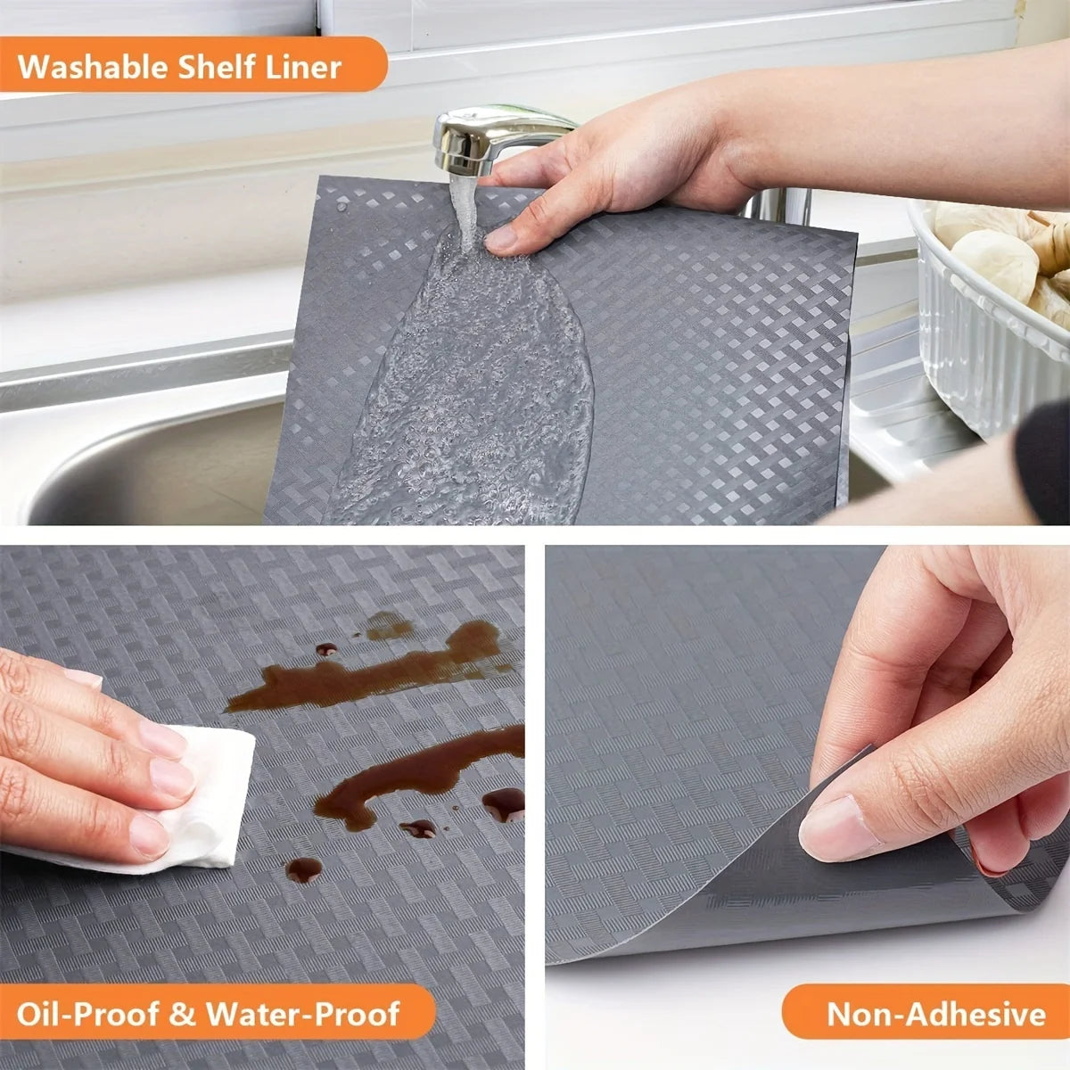 A hand is pouring water onto a gray silicone shelf liner, demonstrating its oil-proof and water-proof properties.