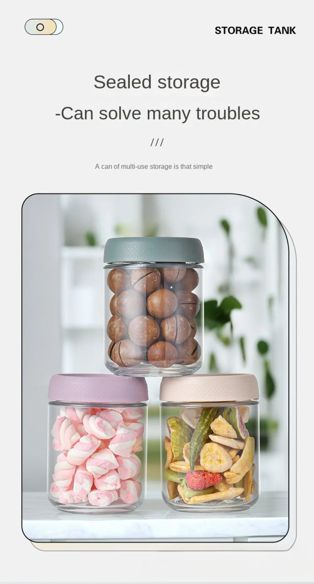Two glass meal prep jars with airtight lids, one containing pink candies and the other containing dried vegetables.