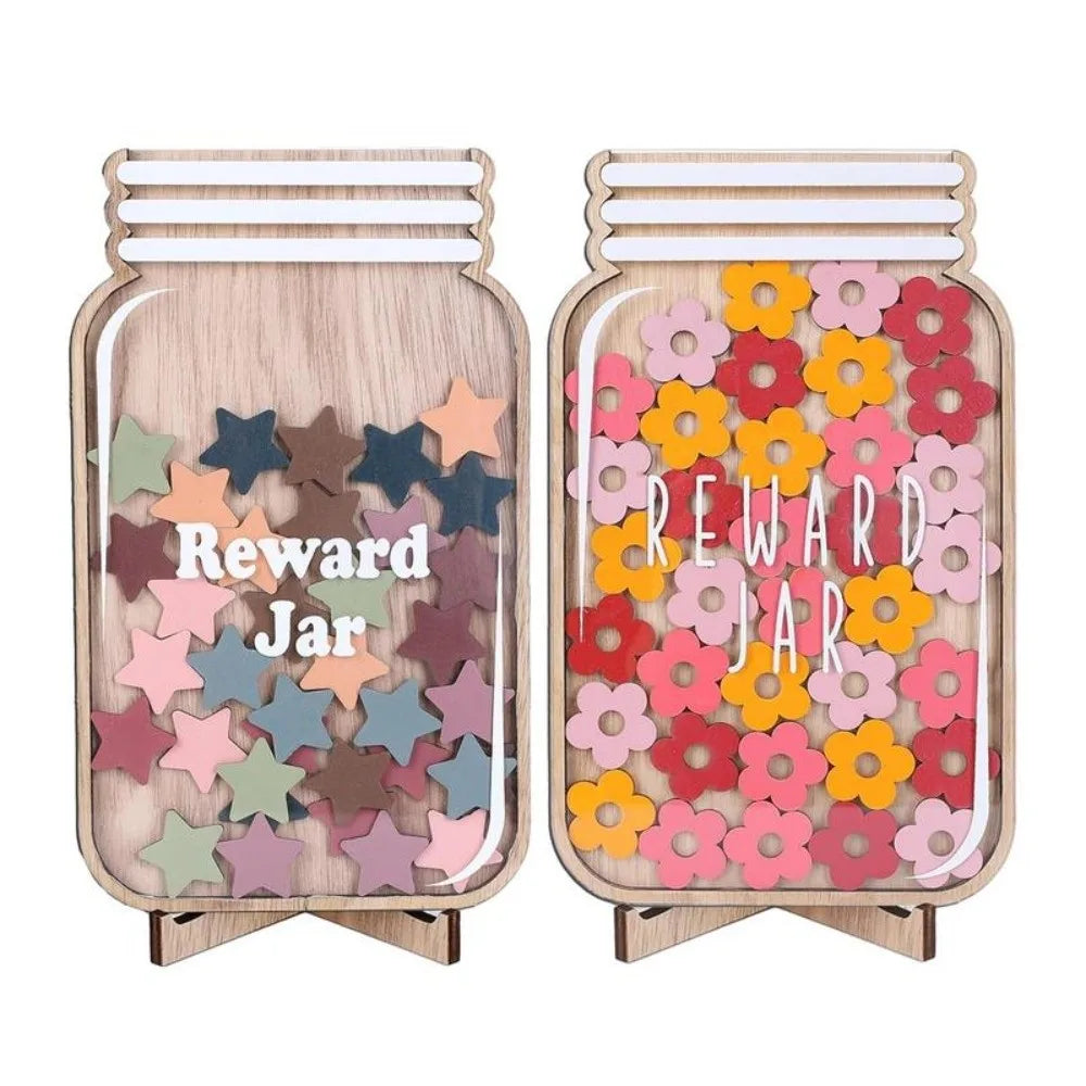 A wooden behavior reward jar filled with colorful, cutout flowers and stars.