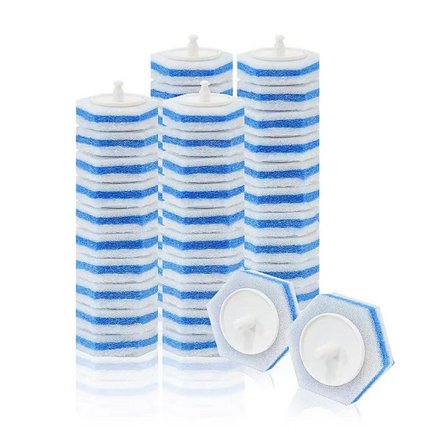 A set of bulk toilet wand refill heads with blue and white striped cleaning wipes.