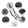 A set of crevice cleaning brushes with hard bristles shown in various contexts including a faucet, car vent, keyboard, and to