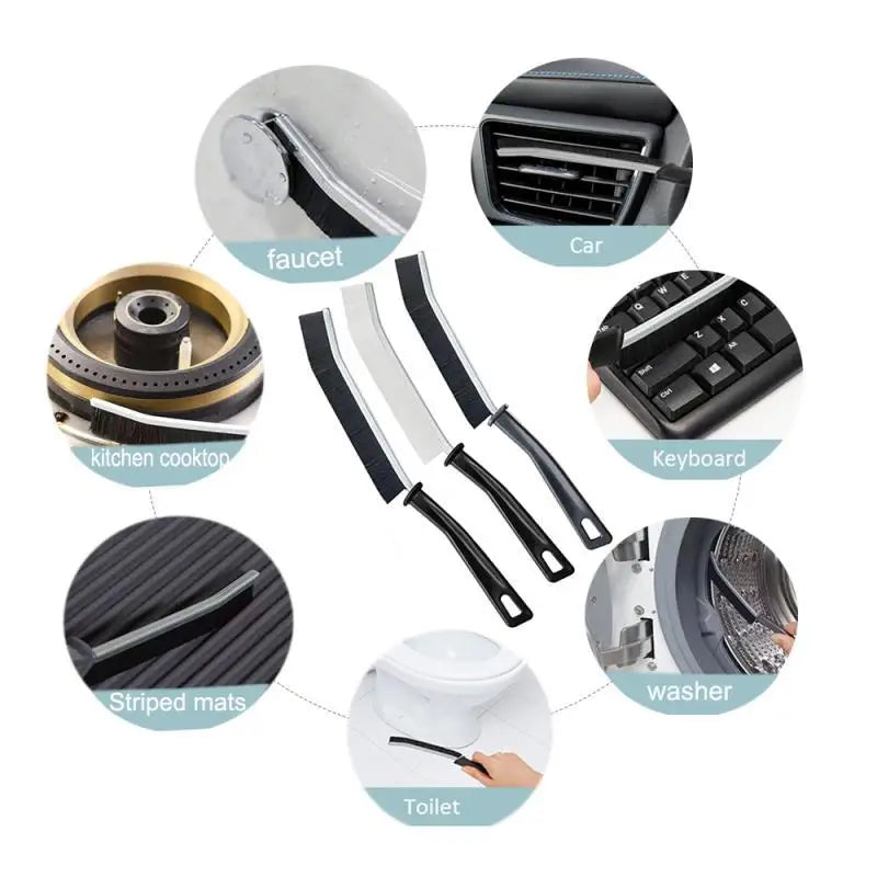 A set of crevice cleaning brushes with hard bristles shown in various contexts including a faucet, car vent, keyboard, and to