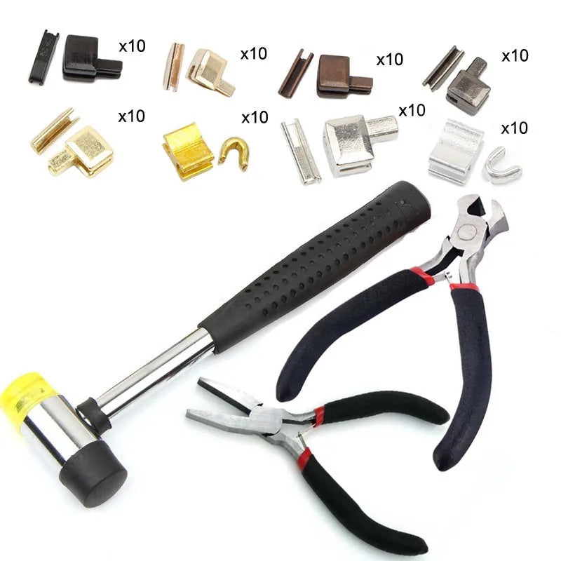 A collection of zipper repair tools including sliders, pliers, and other metal components.