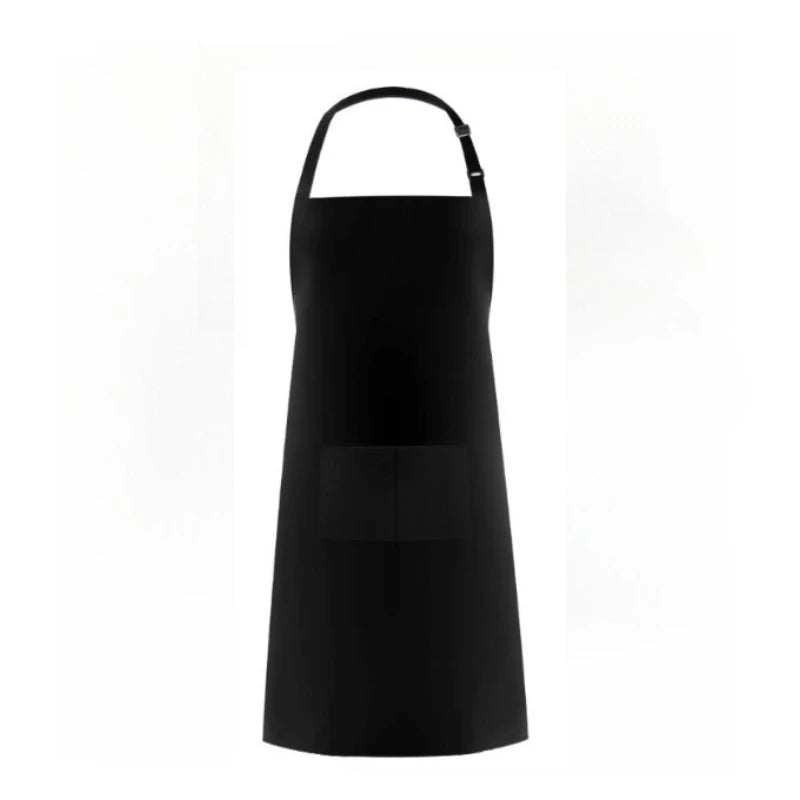 A black water-resistant bib apron with pockets shown against a white background.