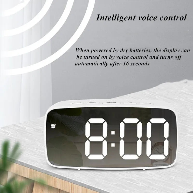A digital alarm clock display showing 8:00, featuring intelligent voice control capabilities.