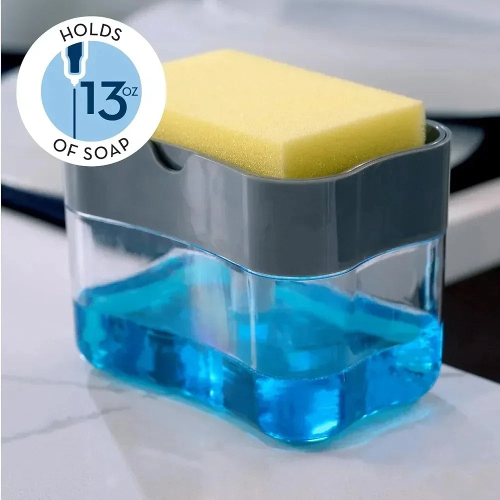 A clear dispenser holds a yellow sponge and blue liquid soap.