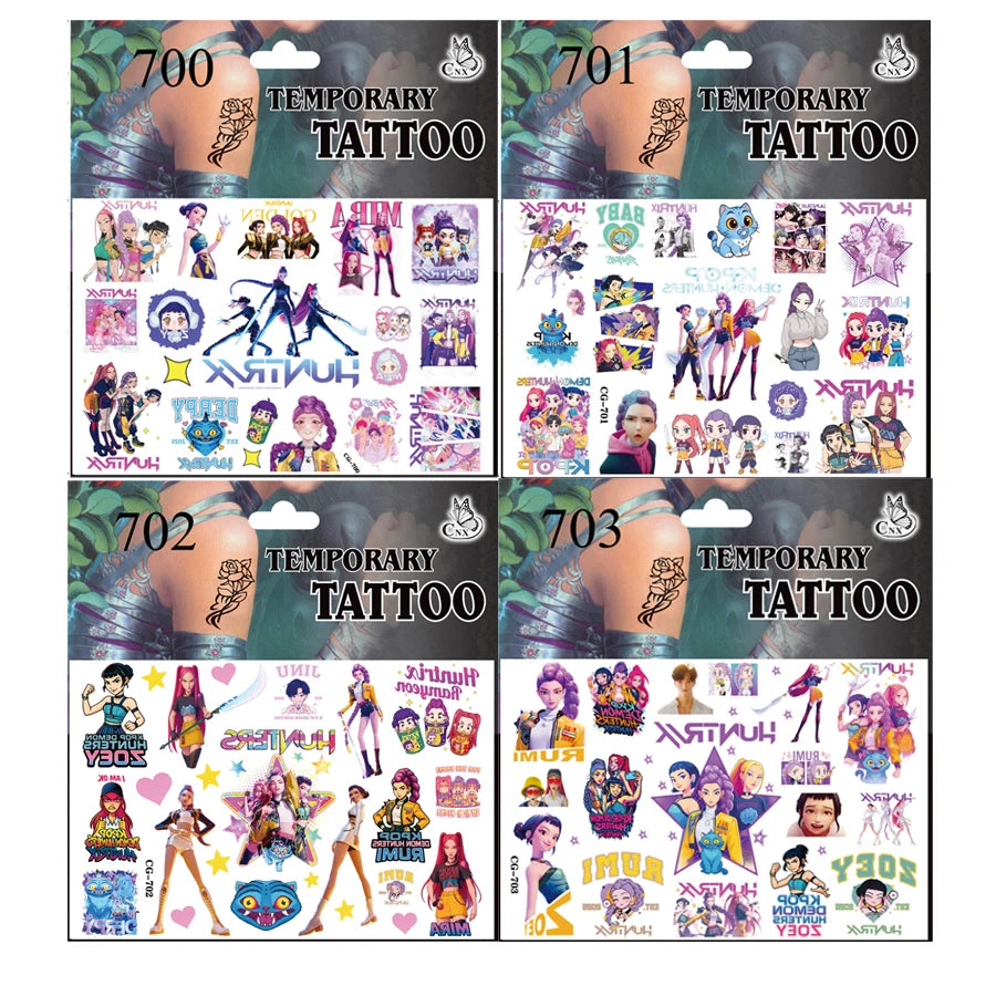 A set of temporary tattoos featuring various K-Pop inspired designs for birthday party decor.