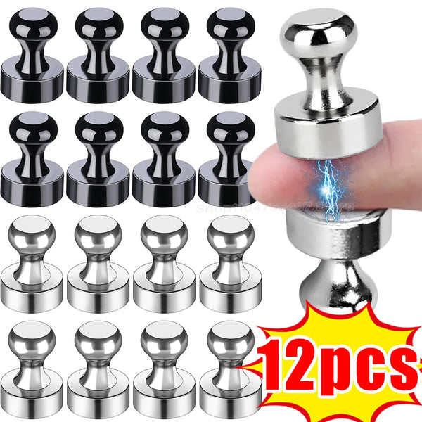 A set of 12 heavy-duty magnetic push pins with silver metal heads and bases shown against a hand.
