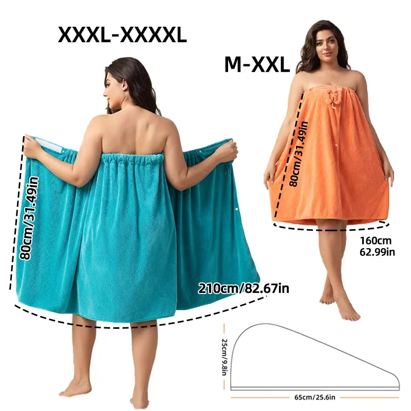Orange plus size wrap robe and turban set shown on a model with size measurements.