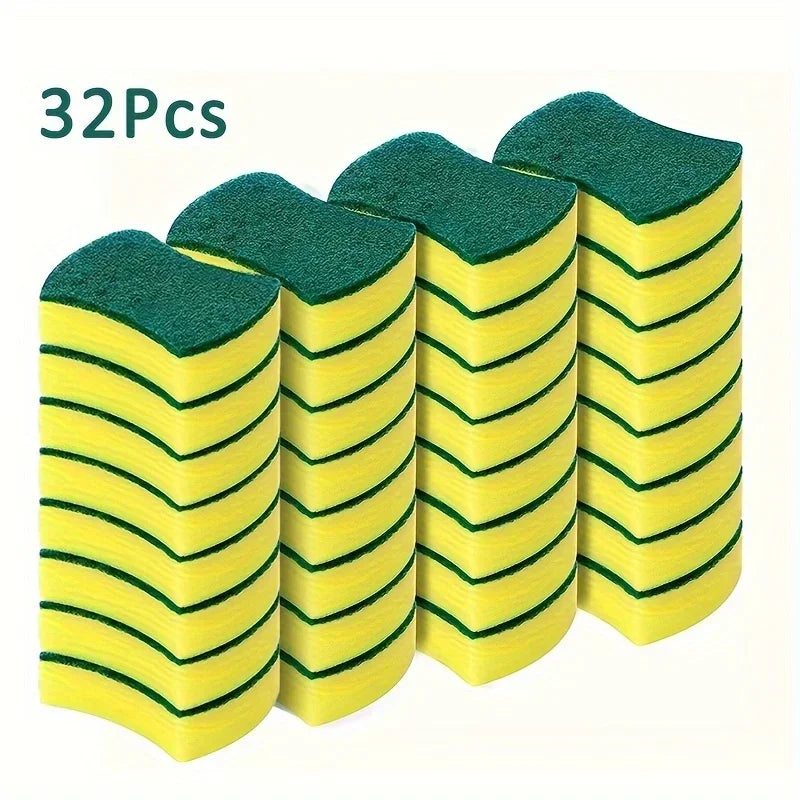 A set of 32 magic cleaning sponges in green and yellow, stacked vertically.