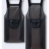 A black waterproof kitchen apron hanging on a hanger.