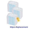 A pack of 30 replacement disposable electrostatic cleaning duster refills with white and light blue fluffy material.