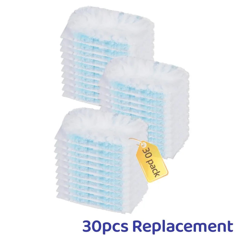 A pack of 30 replacement disposable electrostatic cleaning duster refills with white and light blue fluffy material.