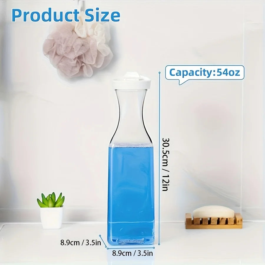 A clear blue liquid laundry detergent dispenser bottle with a white cap and measuring lines is shown on a white surface.