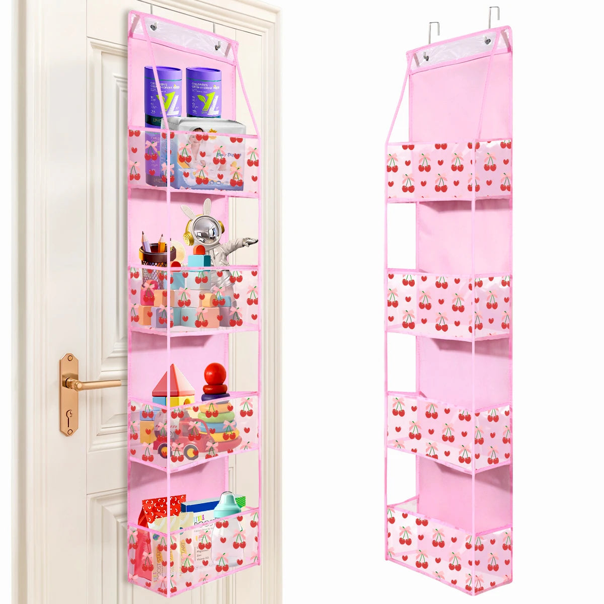 Pink over-the-door fabric storage organizer with multiple pockets for organizing small items