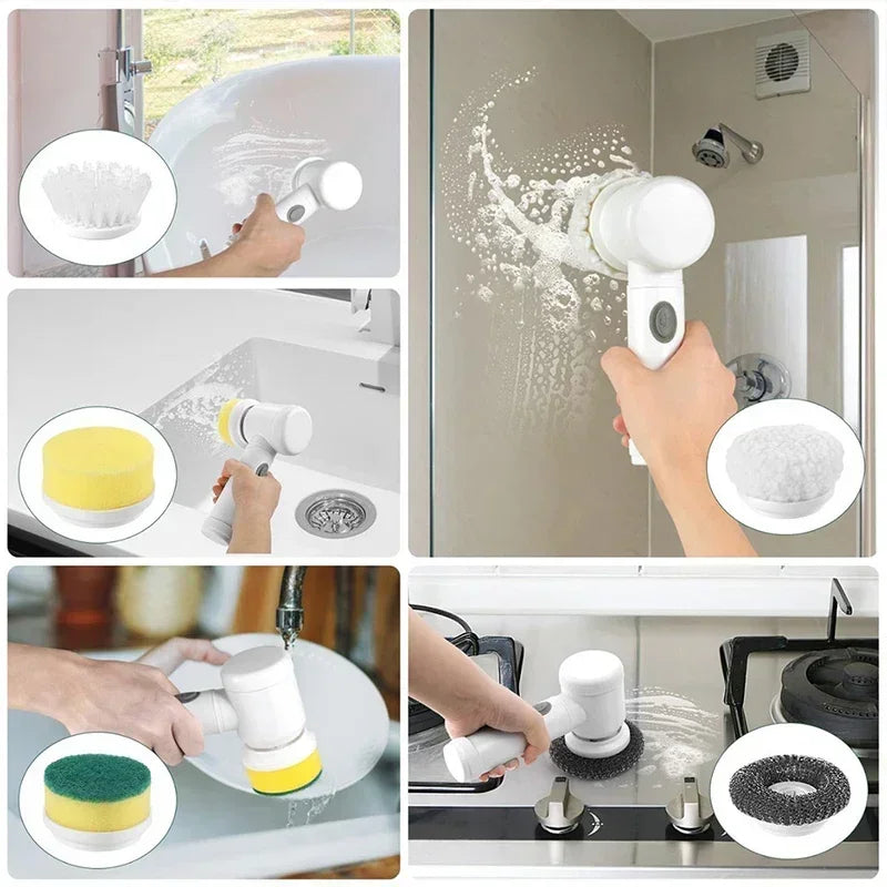 A hand is using a 5-in-1 electric spin scrubber with replaceable brush heads to clean a shower glass.