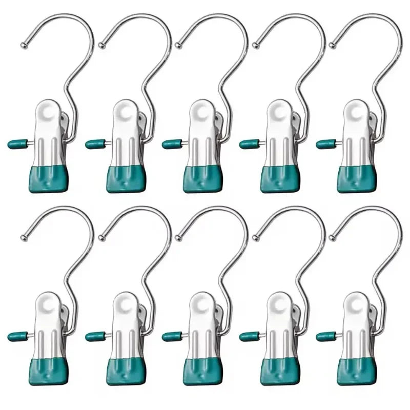 A set of stainless steel clothespins for laundry and organization, shown in various colors.