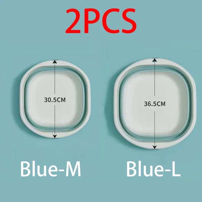 Two sizes of foldable plastic wash basins, Blue-M (30.5cm) and Blue-L (36.5cm), are shown side by side.