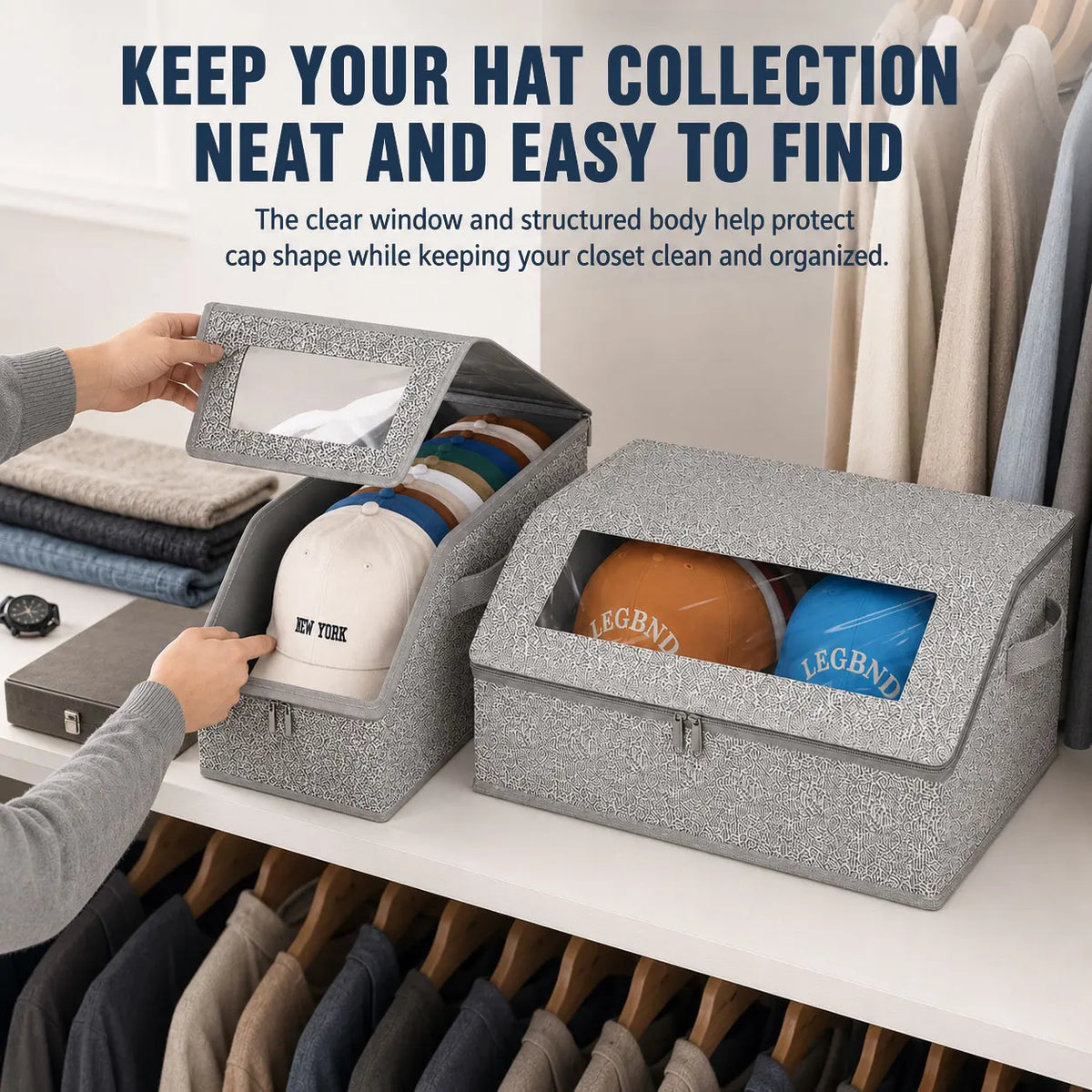 A gray stackable hat storage box is shown open, with a hat inside, next to a clothing rack.