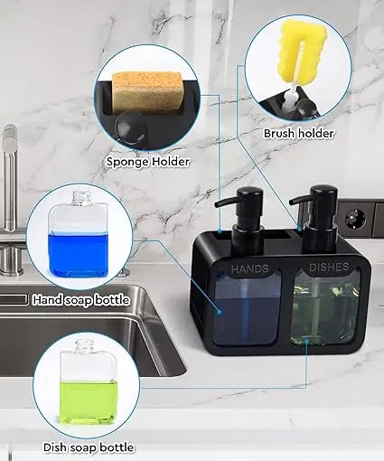 A set of kitchen soap dispensers including a sponge holder, brush holder, hand soap bottle, and dish soap bottle.