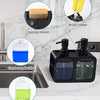 A set of kitchen soap dispensers including a sponge holder, brush holder, hand soap bottle, and dish soap bottle.
