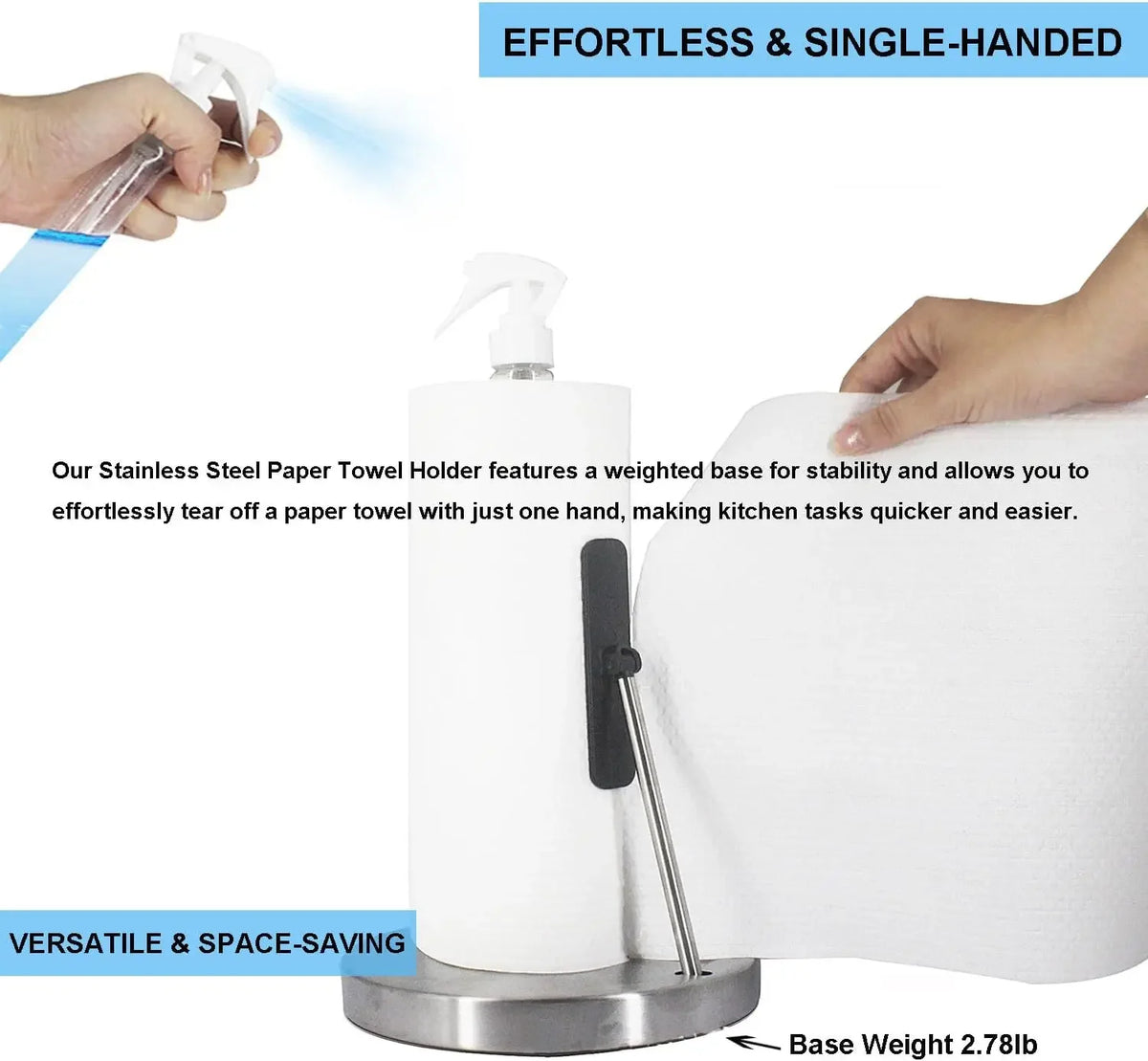 Edelstahl-Küchenhandtuchhalter mit gewichteter Basis und integriertem Sprühkopf für einfache Einhandbedienung.