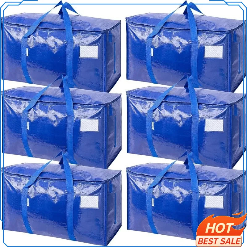 Six blue heavy duty extra large moving bags with handles displayed in a grid.