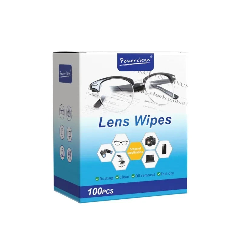 Box of Powerclean lens wipes for cleaning glasses and screens