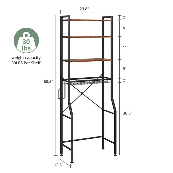 Black freestanding over-the-toilet storage shelf organizer with four adjustable shelves and a wire basket.