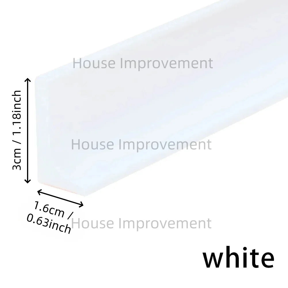 White silicone shower threshold water barrier strip shown in a profile view.