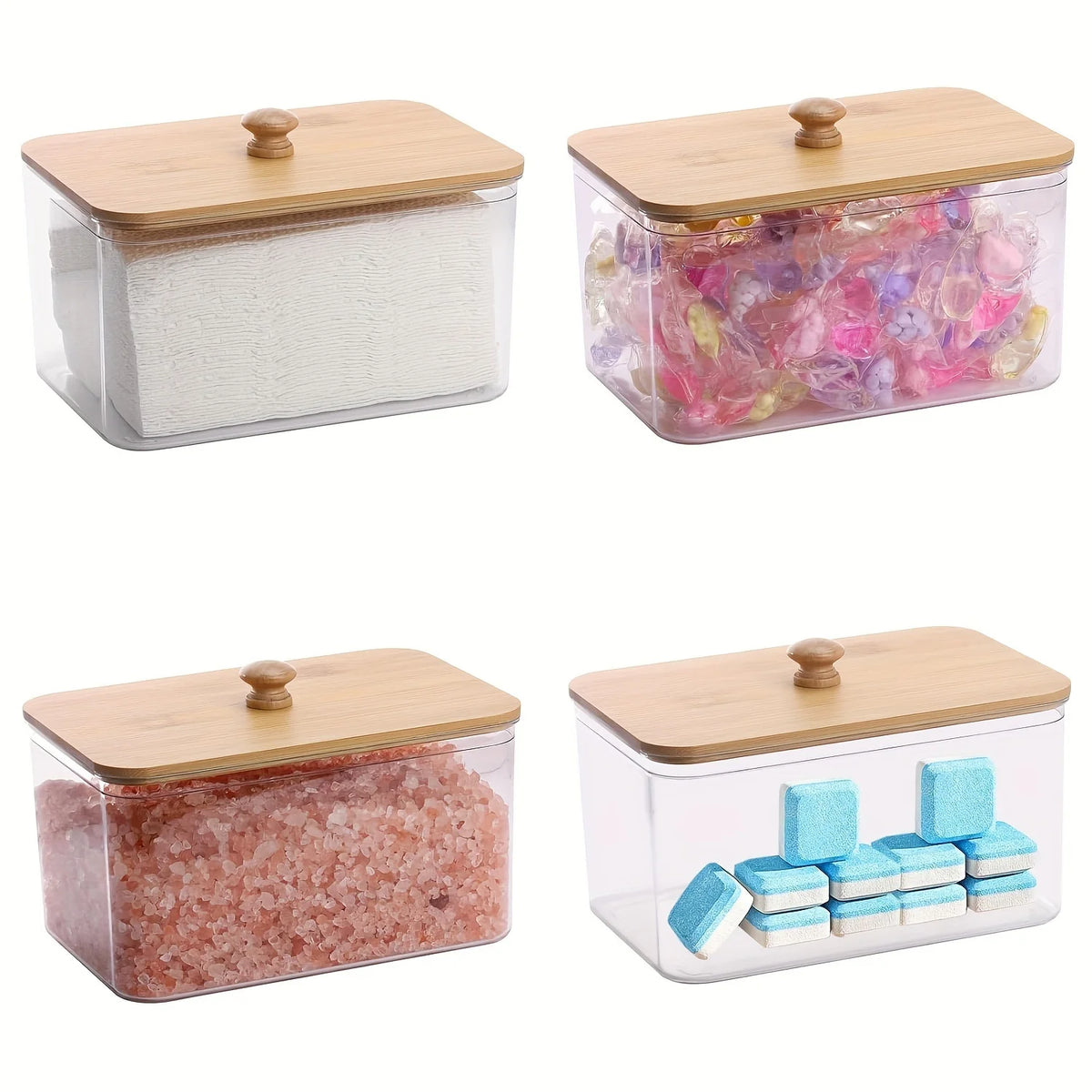 A set of bamboo lidded containers holding various types of dryer sheets and bath salts.