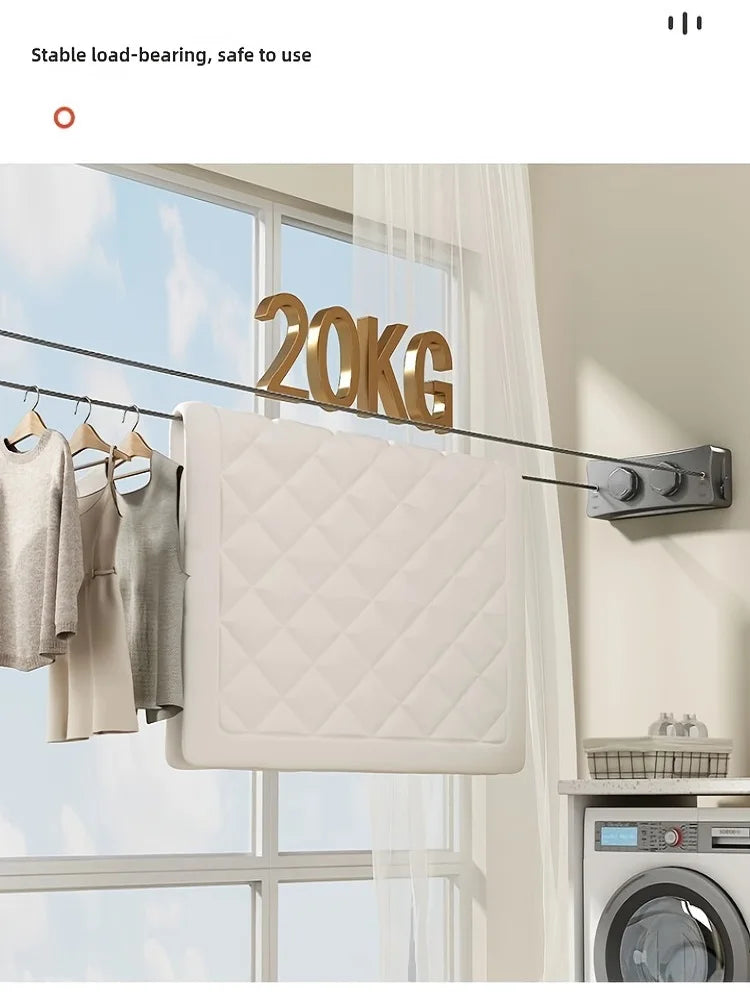 A white quilted drying rack is shown hanging from a wire, with a 20KG weight label visible in the background.