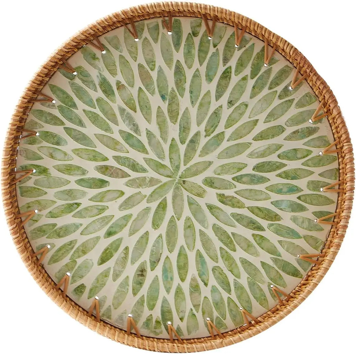 Round rattan serving tray with mother of pearl inlay featuring a green leaf pattern.