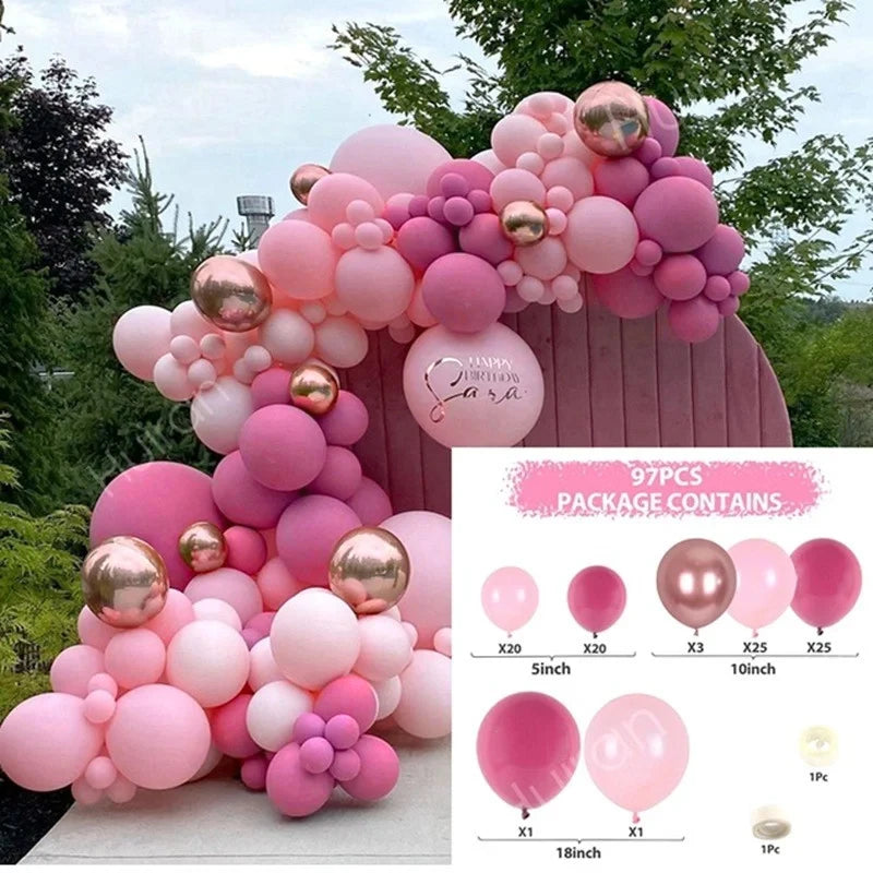 A pink and purple round foil balloon garland kit featuring various sizes of balloons and accessories.