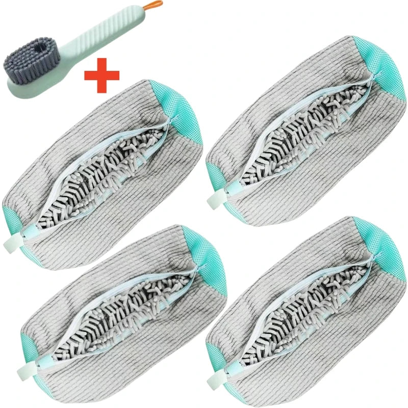 A set of multi-use shoe cleaning tools including brushes and a storage bag.