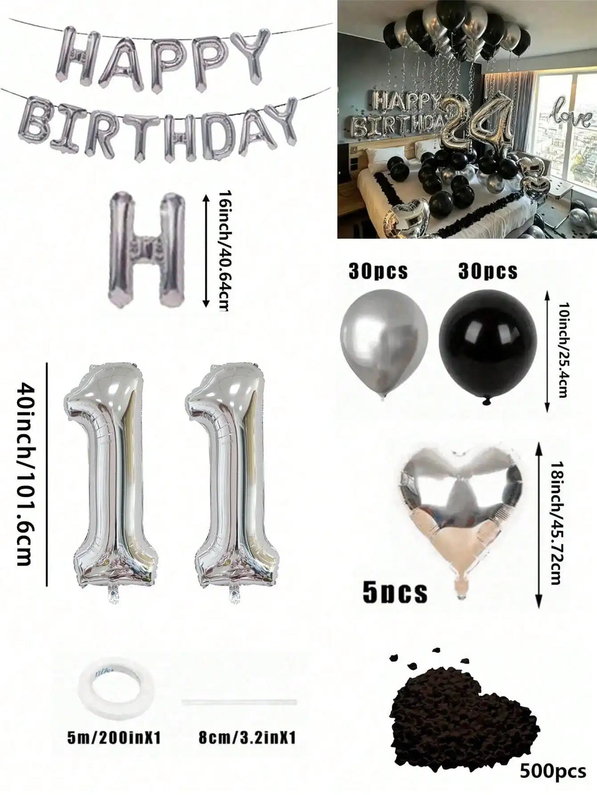 Un juego de globos de número plateados y negros con foil, incluyendo una pancarta, números grandes y globos en forma de coraz