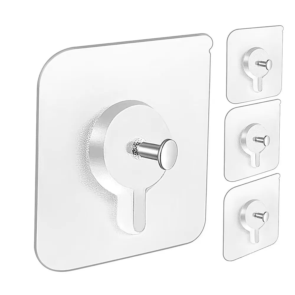 A white adhesive hook for walls with a round, silver hook and mounting plate shown in various sizes.