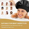 A woman wearing a black satin wide-brim sleeping bonnet for hair care, with various hairstyles displayed in the background.