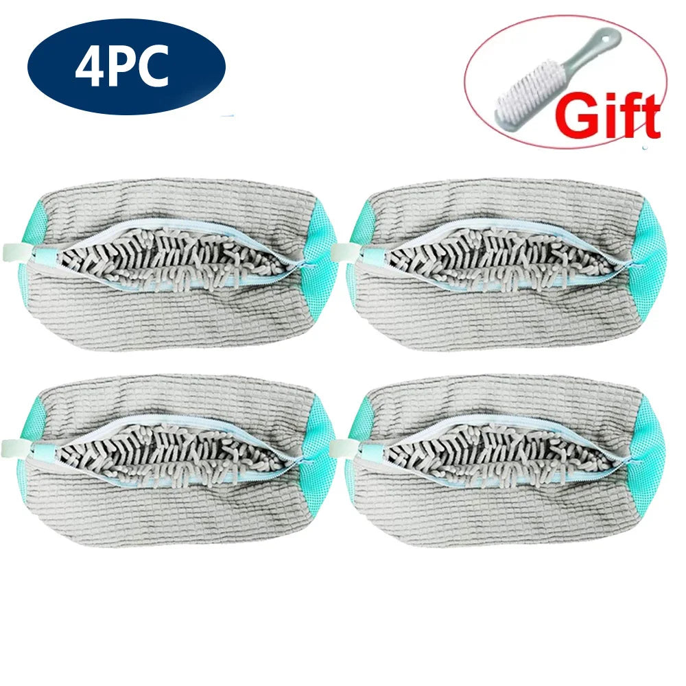 Four reusable grey shoe cleaning bags with light blue trim and a silicone brush included as a gift