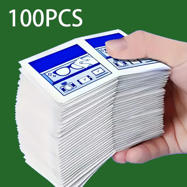 A hand holds a stack of 100 disposable lens and screen cleaning wipes.