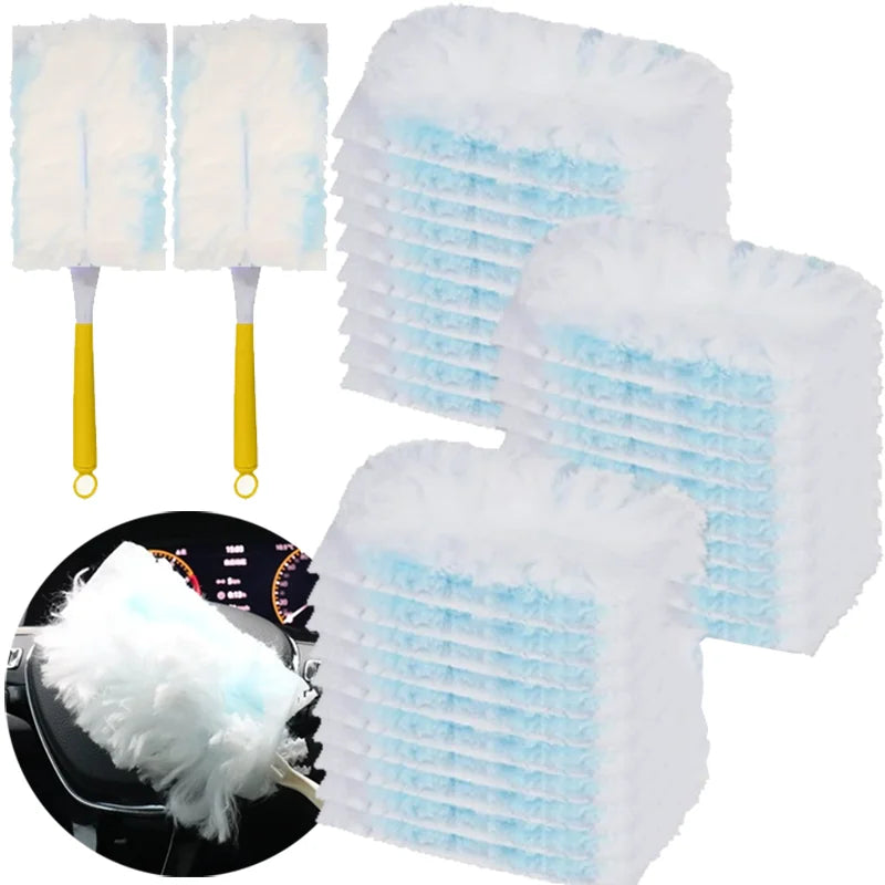 Set of disposable duster refills with white and light blue fluffy replacement heads shown in various angles