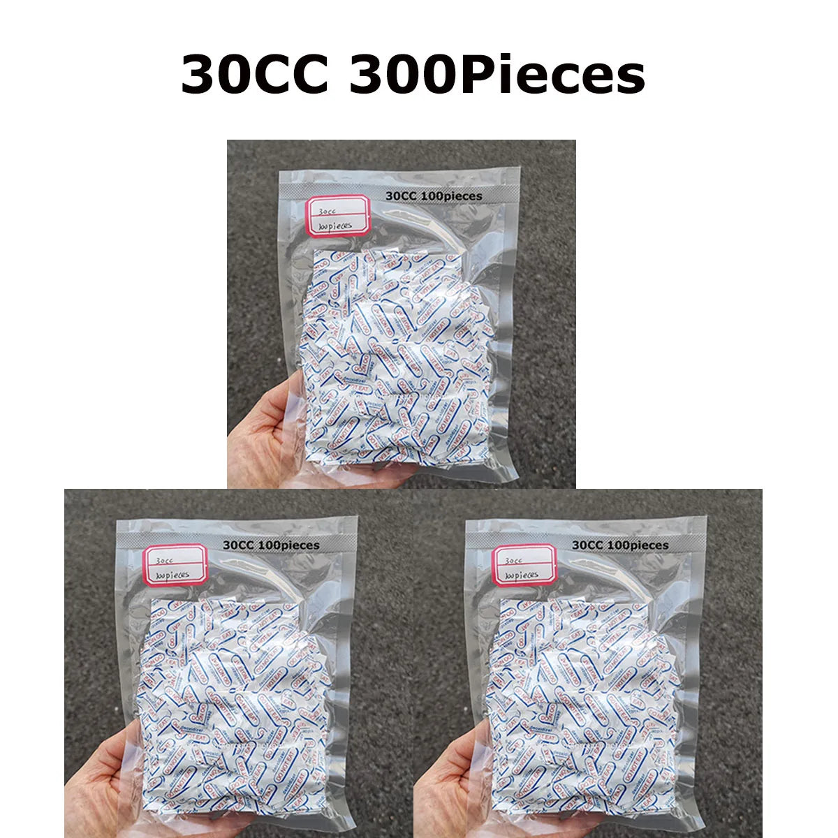Three packages of 30CC oxygen absorbers, each containing 100 pieces, are shown being held by hands.