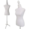 A white adjustable female dress form mannequin with a neck and torso display.