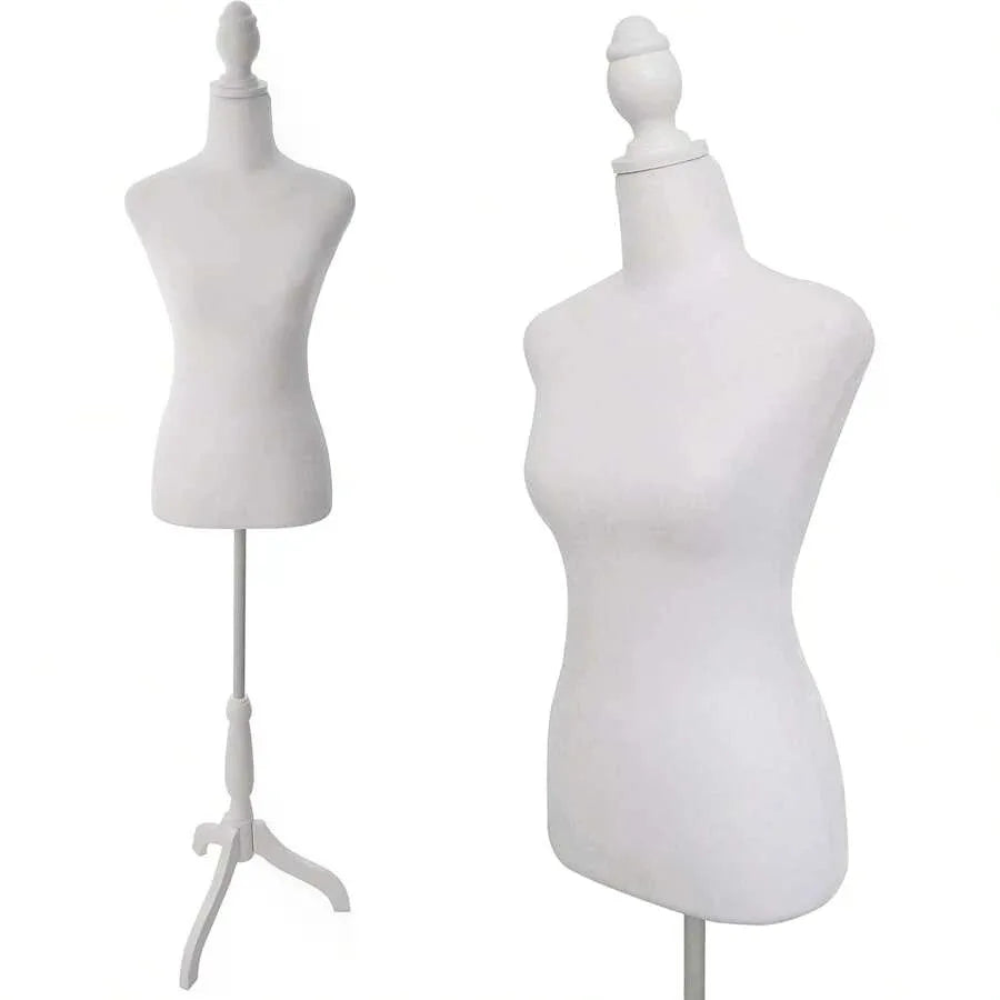 A white adjustable female dress form mannequin with a neck and torso display.