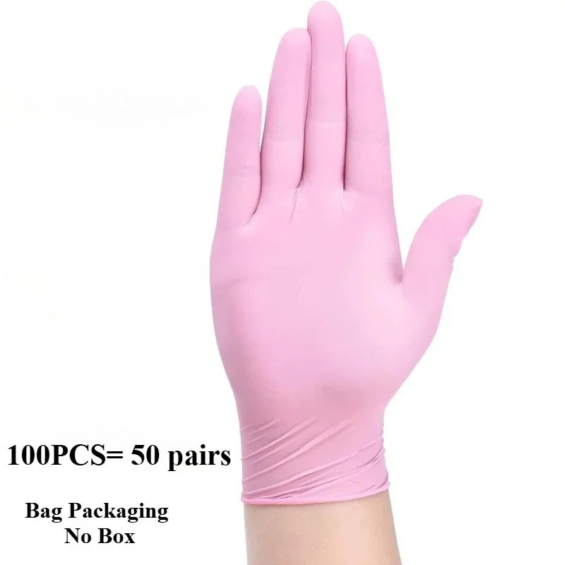A hand wearing a pink disposable nitrile glove is shown against a white background.