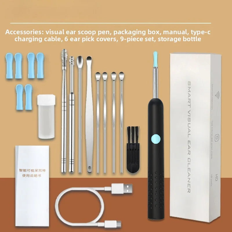 A set of visual ear cleaning tools including a pen, covers, cleaning tools, and charging cable displayed on a box.