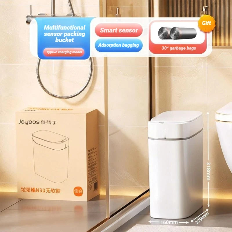 A white automatic sensor trash can with a lid and an adhesion bag is shown on a shelf.
