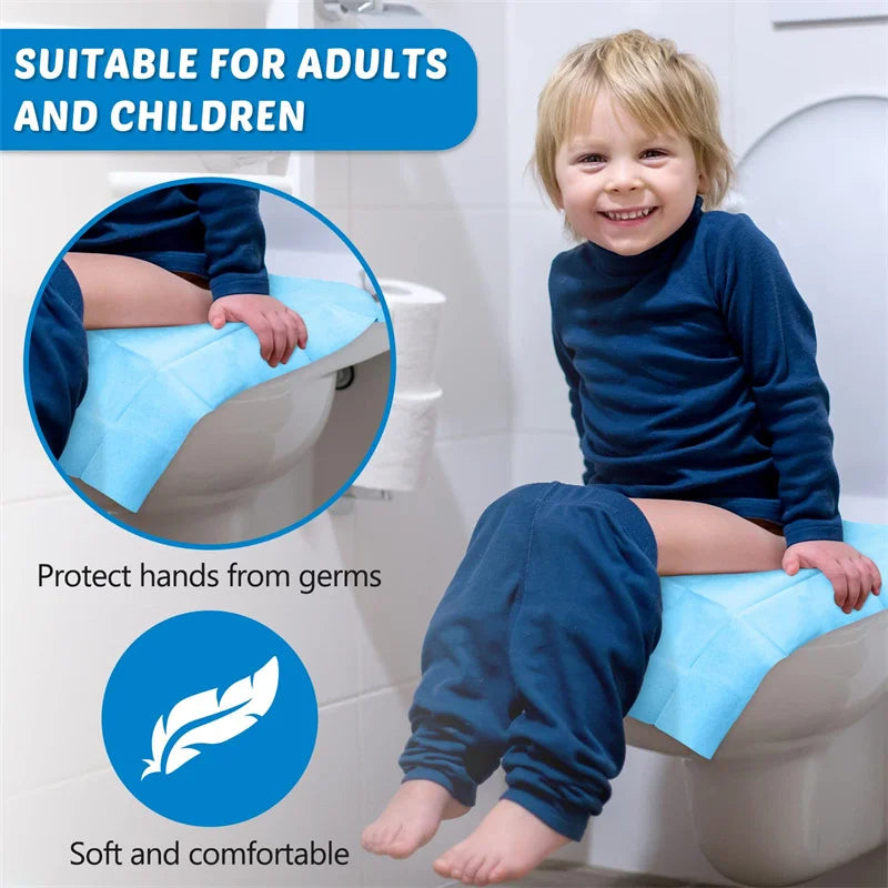 A young child is sitting on a toilet with a blue disposable seat cover, demonstrating the product for adults and children.